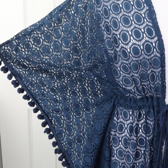 All Threads Cabana Kimono Navy Blue Cover-Up - Pom fringe, Open Tie-Front - Picture 4 of 6